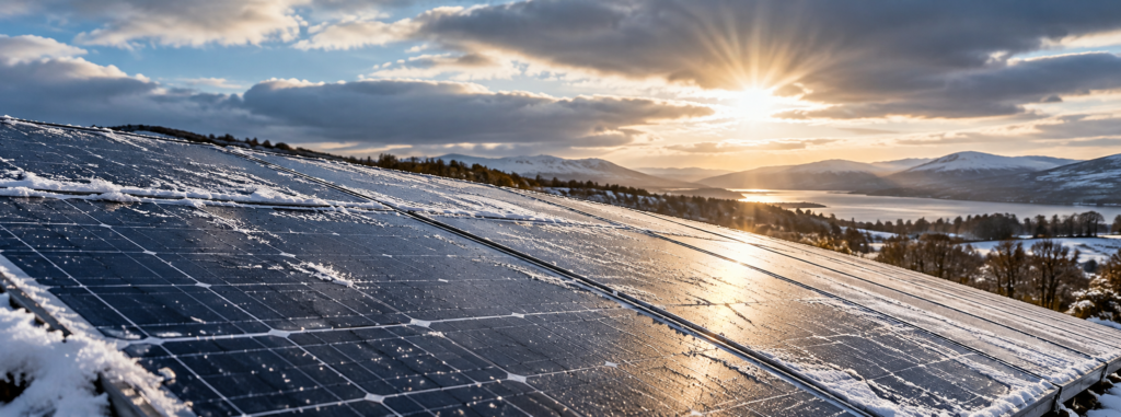 Snow-covered solar panels generating electricity during a Scottish winter sunrise